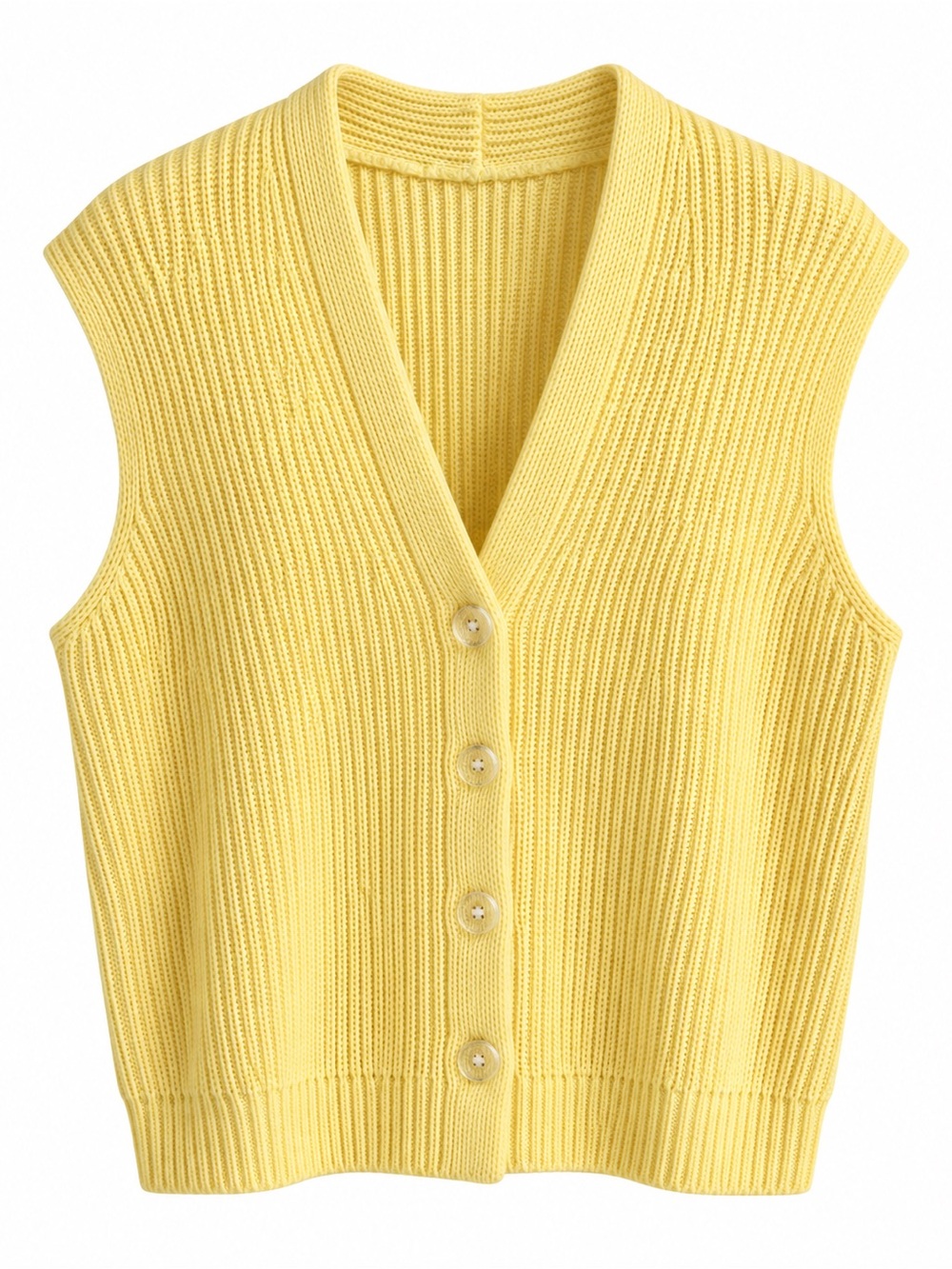 Vintage Handmade Merino Wool Yellow Ribbed Knit Button-Up Vest Size S/M
